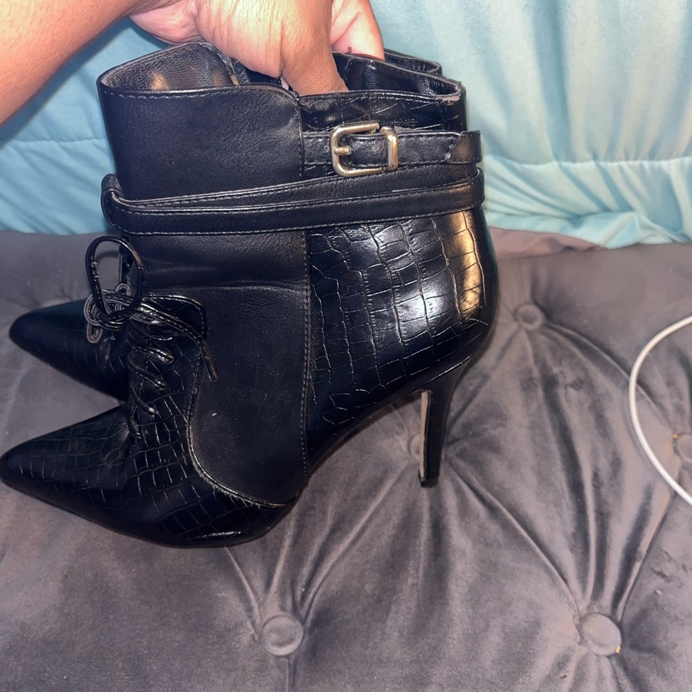 Black faux croc zip up booties
